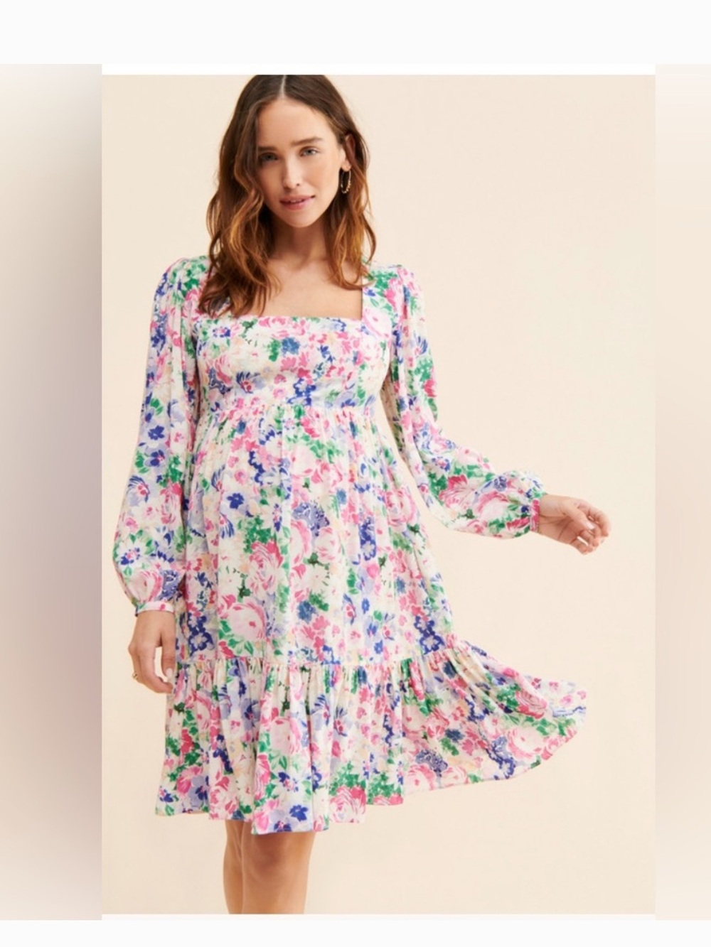Yumi Kim Floral Square-Neck Puff-Sleeve Mini Dress in Pink, Blue & Green